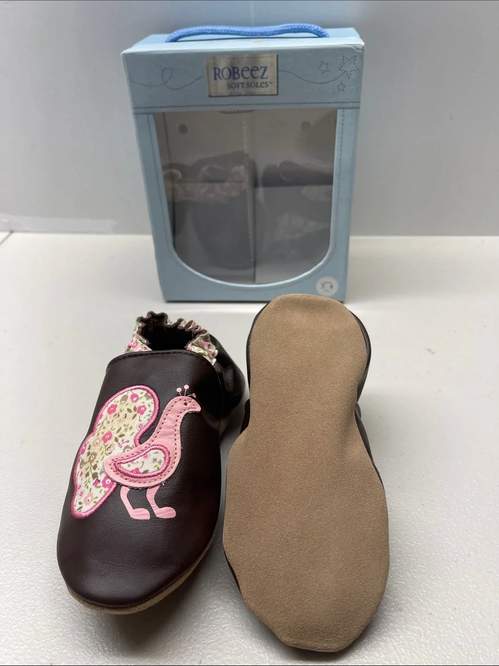 Robeez Brown Leather Moccasins with Pink Floral Bird Appliqués. NEW
